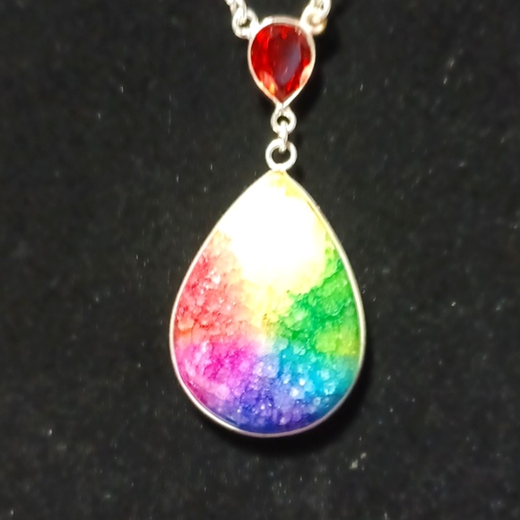 Rainbow solar quartz agate garnet silver pendant handmade red 🌈 🏳️‍🌈 necklace - Picture 7 of 7